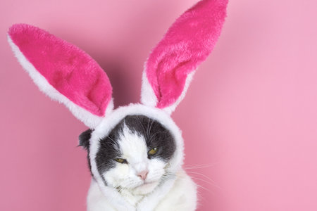 Funny serious cat with rabbit ears on a pink background.の写真素材