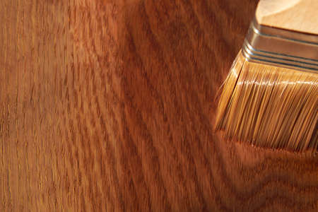 Painting a wooden surface with varnish, a brush on an oak board, housework, copy space.の写真素材
