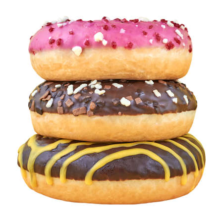 Three bright donuts isolated on a white background, close-up.の写真素材