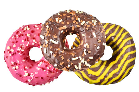 Three bright donuts isolated on a white background.の写真素材