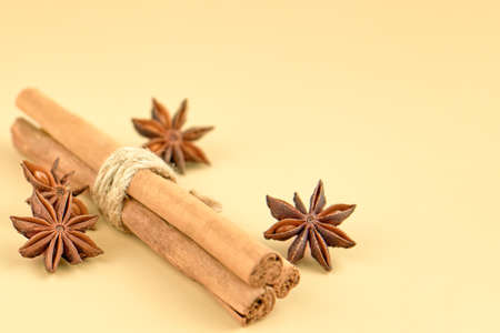 Cinnamon sticks and star anise on a beige background, copy space.の写真素材