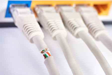 Cut Internet cables into the router, close-up, wired and wireless connection.の写真素材