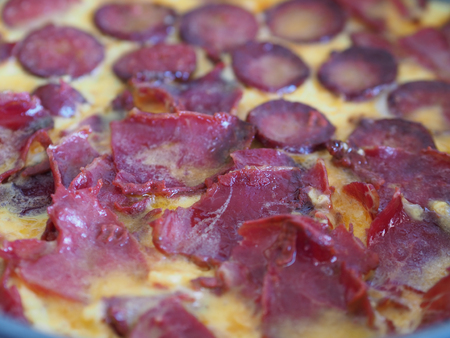baked bacon, sausage and eggs. close-up turkish sausage, bacon eggsの写真素材