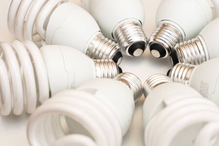 close-up spiral saving bulbs on white background