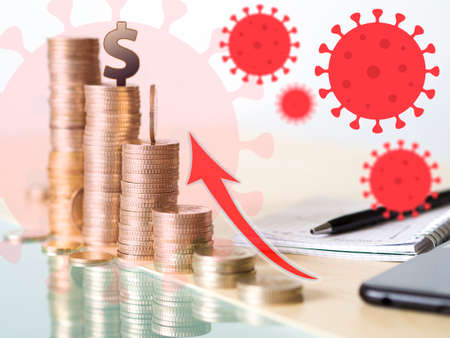 Concept photo showing value increase of dollar and relationship to the virusの写真素材