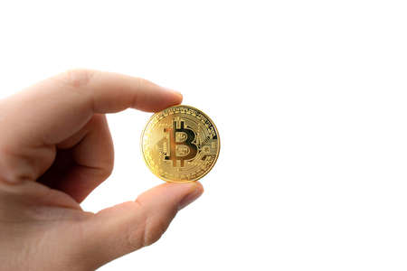 hand holding bitcoin coin image with white backgroundの写真素材