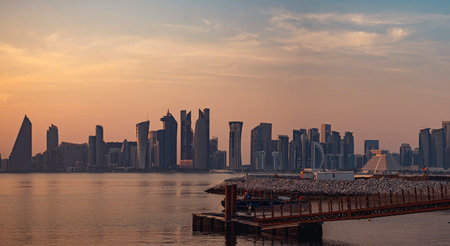 City view of the old port area at sunset of Doha, Qatarの写真素材