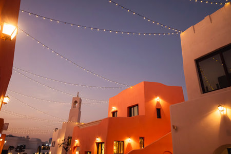 Colorful houses at night in the Old Port area of â€‹â€‹Doha, Qatar
