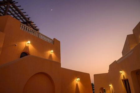 Colorful houses at night in the Old Port area of ââDoha, Qatarの写真素材
