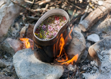 Preparing tea on campfire in wild camping の写真素材
