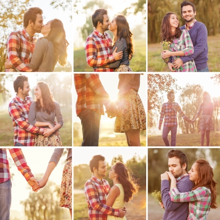 Young couple in love walking in the autumn park holding hands looking in the sunsetの写真素材