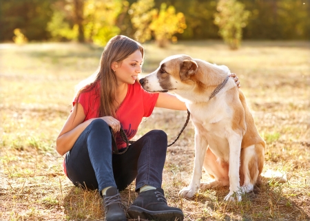 Portrait of a woman with her beautiful dog lying outdoorsの写真素材