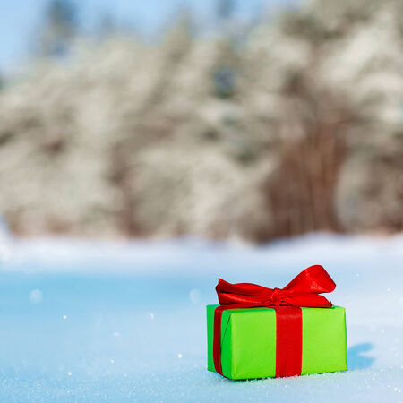 Gift in snow covered forestの写真素材