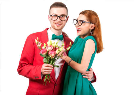 Beautiful couple in love with flowers eustoma.Valentine's Day