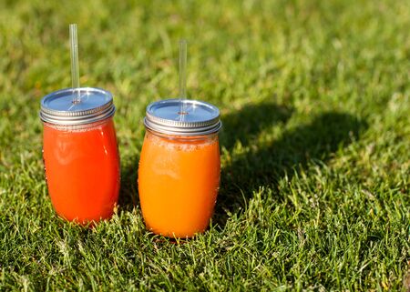 tropical smoothie stands on grassの写真素材