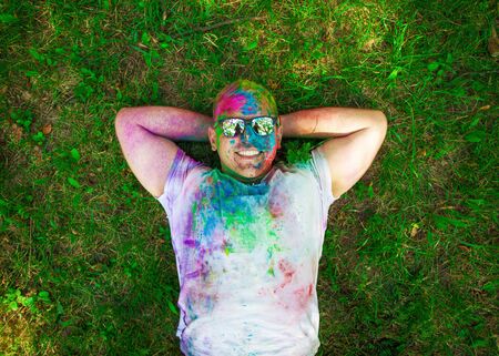Guy celebrate holi festival, make selfie