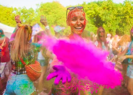 girl celebrate holi festivalの写真素材