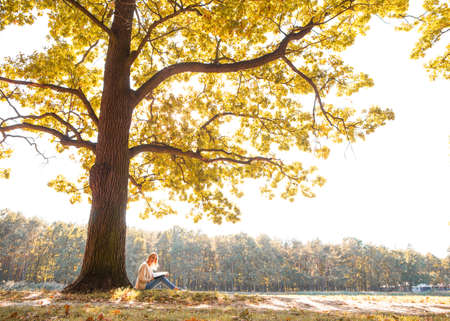 girl in the autumn park near the lakeの写真素材