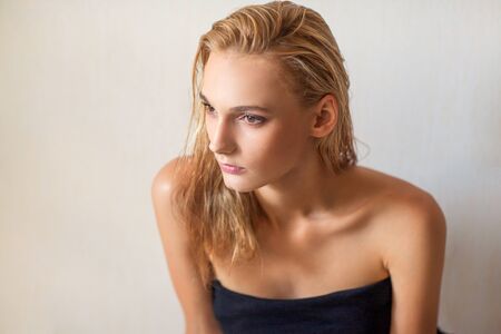 nude fashion portrait of a white-haired girlの写真素材