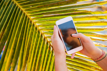girl hands taking pictures of a landscapeの写真素材