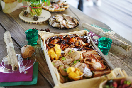dinner on the holiday table, meatの写真素材