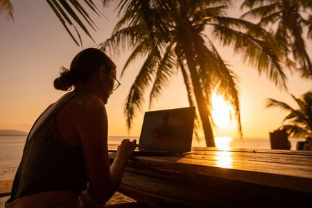 freelancer girl with a computer among tropical palm trees work on the island in sunsetの写真素材