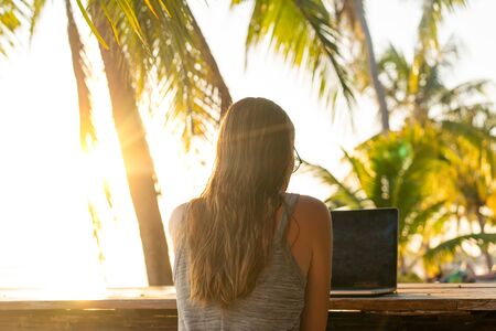 freelancer girl with a computer among tropical palm trees work on the island in sunsetの写真素材