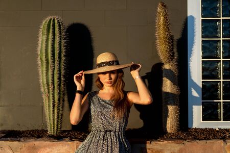 fashion girl among cacti in a hatの写真素材