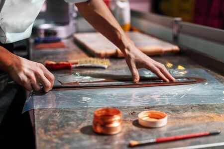 confectionery, hand made chocolate and cake production, professional cuisineの写真素材