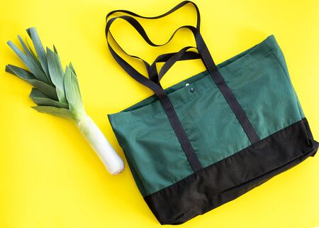 shopping bag with onion on the yellow background, delivery, takeawayの写真素材