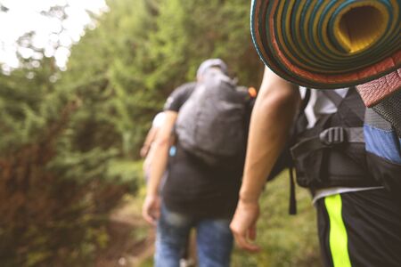 Hikers goes to the mountains on a sunset hike. Ecotourism.の写真素材