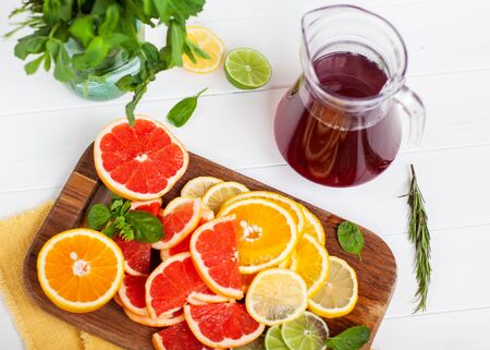 Slices of mandarin, orange, grapefruit and lemon very close-up, macroの写真素材