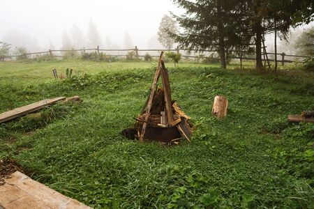 Beautiful mountain landscape in the fog of the Carpathians. Ecotourism.の写真素材