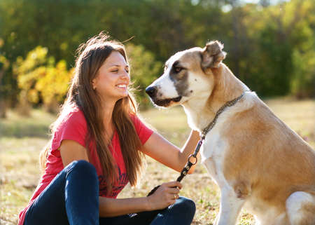 girl with her Central asian shepherd dog in autumn sunny parkの写真素材