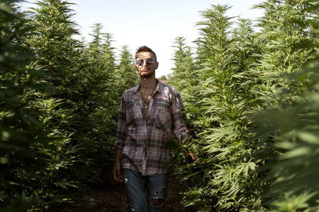 fashion guy in green clothes posing on the cannabis field, marijuana legalization conceptの写真素材