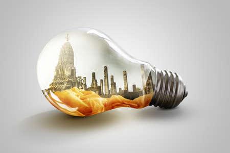 Ruin brick temple in Thailand inside light bulbの写真素材