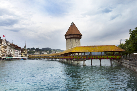 Lucerne, Switzerland, view on the old city from famous Chapel Bridge の写真素材
