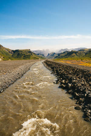 Crossing the river in Icelandの写真素材