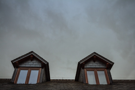 Two windows with gray sky