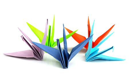 five colorful origami birds on a white backgroundの写真素材