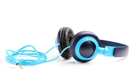 Blue headphones for music isolated on white background.の写真素材