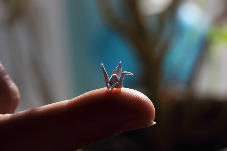 Miniature crane origami on the finger. Handmade origami bird.の写真素材