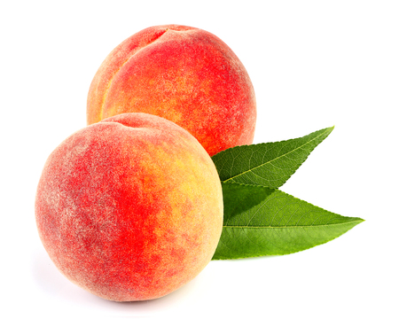 Peach fruits with leaf isolated on white background.の写真素材