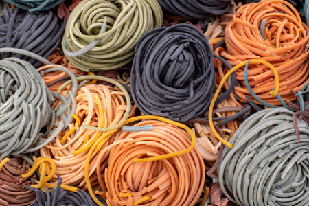 Multi colored pasta rollsの写真素材