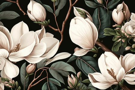 Magnolia branches on black illustrationの写真素材