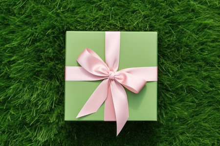 Green gift box with a pink ribbonの素材
