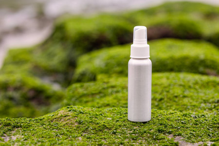 Alluminium spray bottle on the green beach rocksの写真素材