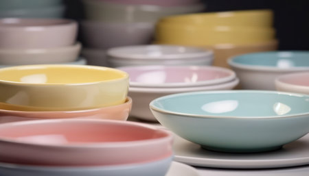 Pastel colored ceramic bowls and platesの素材