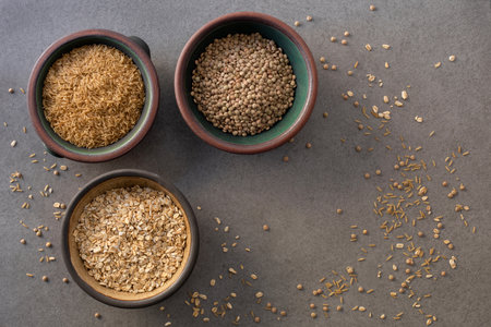 Bowls with oats, rice and lentilsの写真素材