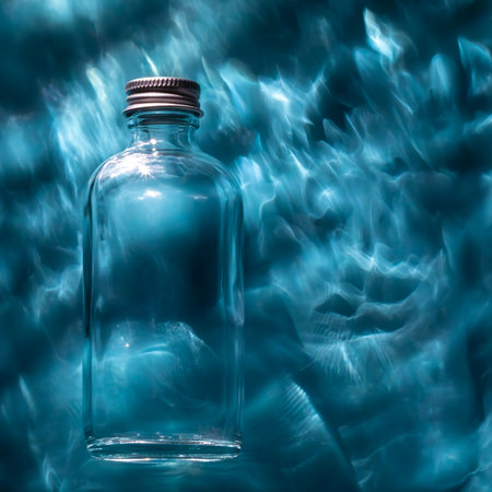Clear glass bottle in blue waterの写真素材